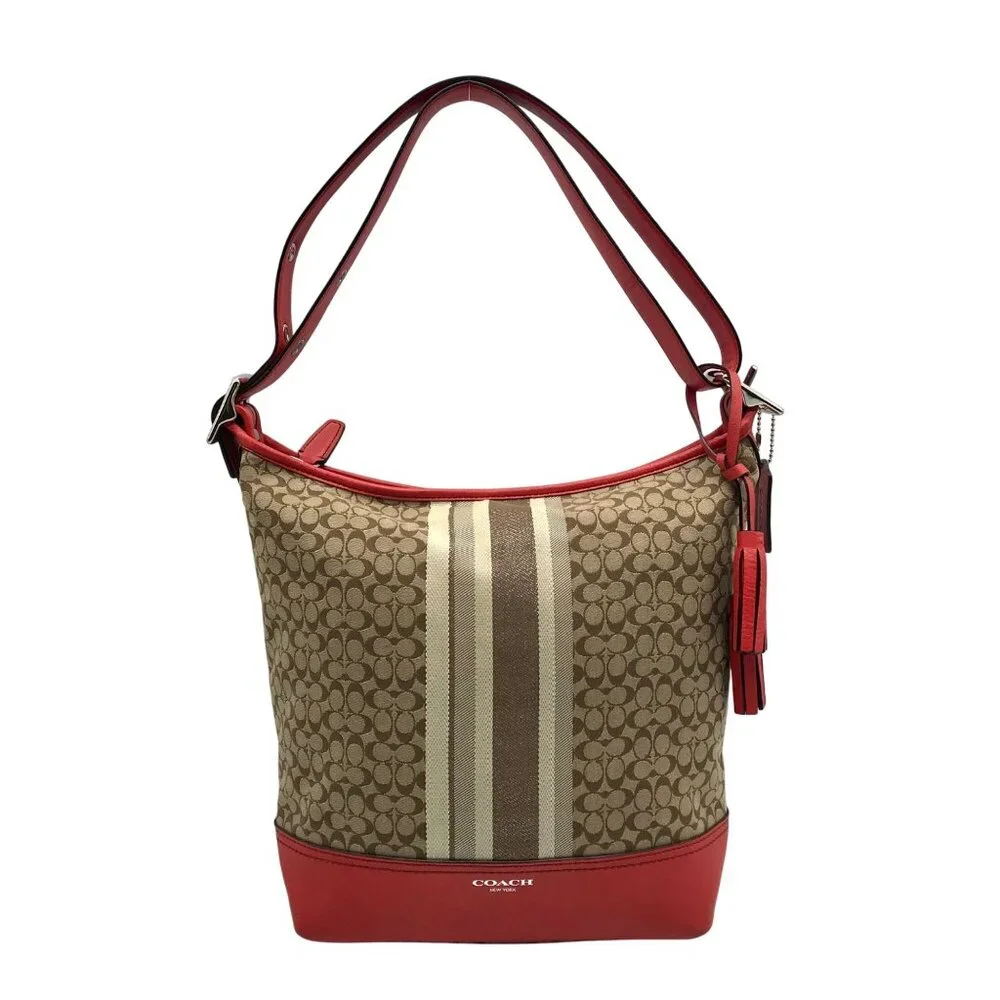 Coach Red / Tan Canvas And Leather Signature Legacy Stripe Duffle Bag  19918